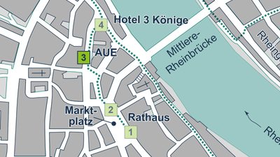 Kartenausschnitt einer Stadt mit Markierungen und Bezeichnungen wichtiger Orte.