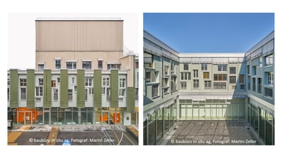 Zwei Bilder eines modernen Gebäudekomplexes aus Recyclingbauteilen.