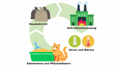 Infografik zum Recycling von Katzenstreu und Müllverbrennung.