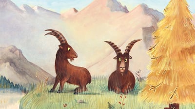 Zwei Steinböcke auf einer Wiese vor Bergen und Baum.