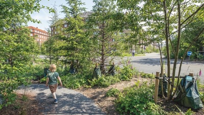 Kind spaziert auf einem Weg in einem bewaldeten Bereich in der Stadt.