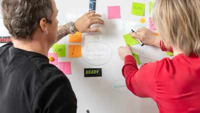 Zwei Personen an einem Whiteboard mit Haftnotizen.