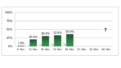 Balkendiagramm mit prozentualer Steigerung von 6. bis 20. November.",