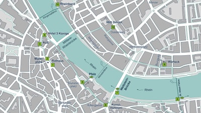 Stadtplan von Basel mit Fluss, Strassen und markierten Sehenswürdigkeiten.