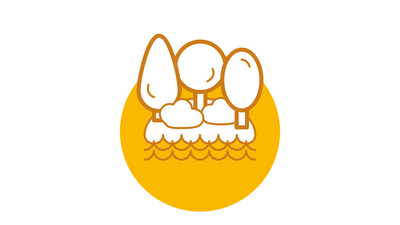 Grafik mit drei Bäumen und Wolken auf gelbem Kreis.