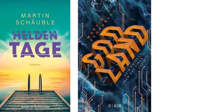 Zwei Buchcover nebeneinander, eines zeigt einen Steg mit Wasser, das andere abstrakte blaue und orange Muster.