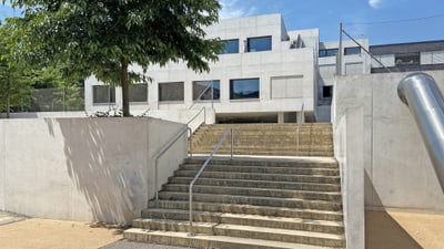 Treppe zu modernem Gebäude mit Baum.