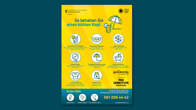 Gelbes Plakat mit Hitzeschutztipps und Symbolen, Notrufnummer unten.