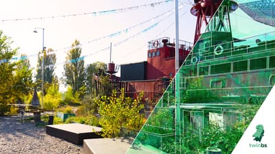 Industrielle Landschaft mit Pflanzen und Grafikeffekt auf Boot.