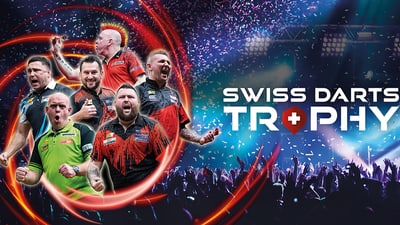 Plakat für die Swiss Darts Trophy mit Spielern und Publikum.