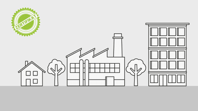 Illustration von Gebäuden mit grünem Zertifikatssymbol.