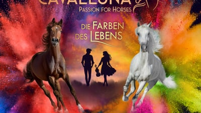 Zwei Pferde vor buntem Hintergrund mit Silhouetten von Personen.