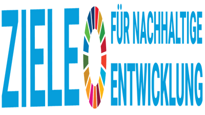 Text in blauer Schrift mit einem bunten Kreis.