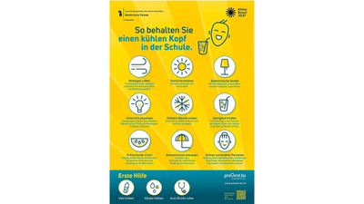 Gelbes Hitzeplakat für Schulen mit Tipps zum Verhalten bei Hitze in Schulen.