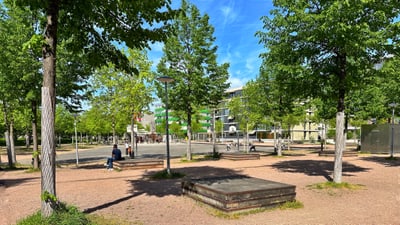 Stadt Park mit Bäumen und Gehwegen bei sonnigem Wetter.