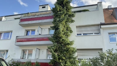 Mehrfamilienhaus mit roter Balkonverkleidung und hohem Baum davor.