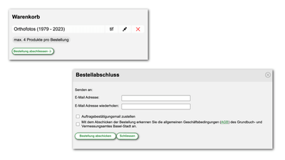 Warenkorb und Bestellabschlussformular.