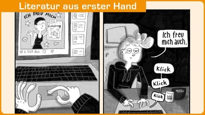 Comic mit Person, die auf einen Laptop schaut.