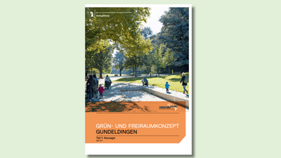 Cover eines Grün- und Freiraumkonzepts mit Parkszene und Spaziergängern.