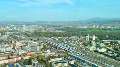 Vogelperspektive auf das Gebiet um den Badischen Bahnhof.