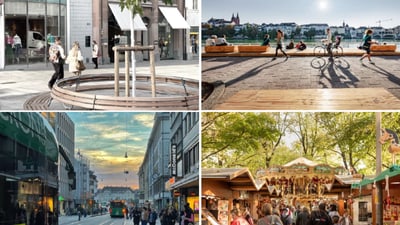 Städtische Strassenszenen in Basel.