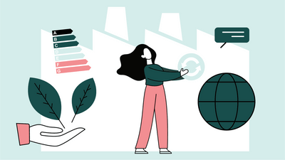 Illustration einer Frau mit Globus, Blättern und Energieeffizienzskala.