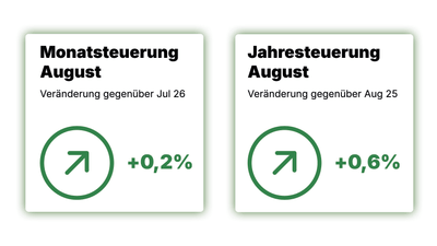 Infografik zur monatlichen und jährlichen Teuerung im August 2026 von +0,3% bzw. +0,6%..