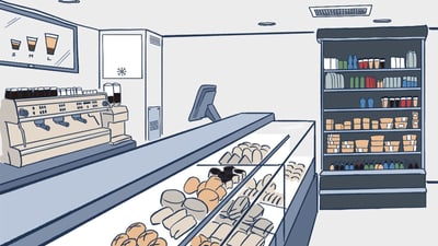 Illustration einer Bäckerei mit Brötchentheke und Kaffeemaschine.