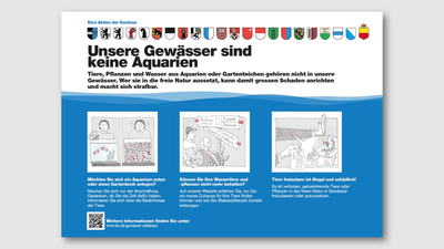 Ein Informationsplakat mit Zeichnungen und Text über den Schutz von Gewässern.