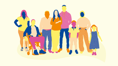 Bunte Illustration von acht stehenden Menschen.