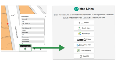 Benutzeroberfläche mit Kartenlinks und Koordinatenangabe.",