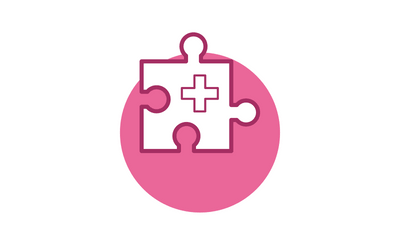 Puzzleteil mit Kreuz auf rosa Kreis.