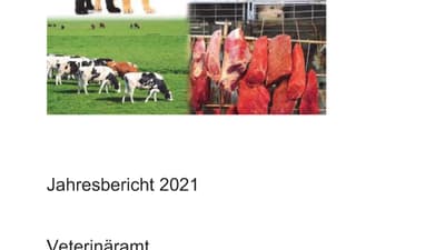 Titelseite des Jahresberichts 2021 des Veterinäramts Basel-Stadt mit Tieren und Fleischprodukten.