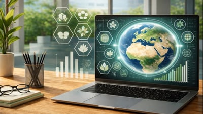Laptop mit Erde und Öko-Symbolen auf dem Bildschirm.