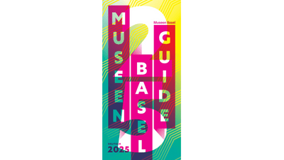 Bunte Grafik mit Schrift 'Museen Basel Guide 2025'.",