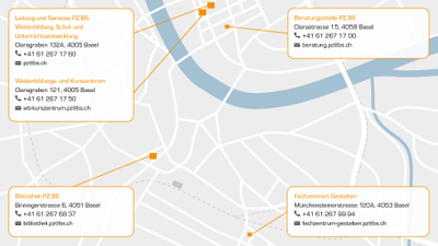 Karte von Basel mit Markierungen und Adressen von PZ.BS-Standorten.