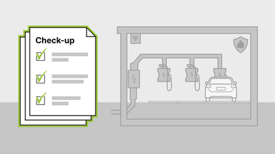 Illustration eines Autos in einer Werkstatt neben einer Checkliste.