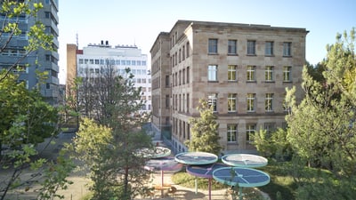 Ansicht Schulhaus und neuer Pausenplatz