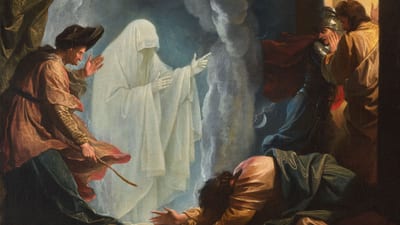 Geisterhafte Erscheinung in dramatischer Szene mit Figuren in Panik.