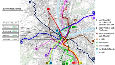 Darstellung der Tramlinien im optimierten Liniennetz.