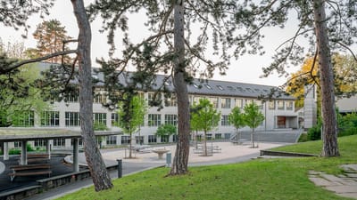 Gebäude mit grossen Fenstern und Bäumen im Vordergrund.