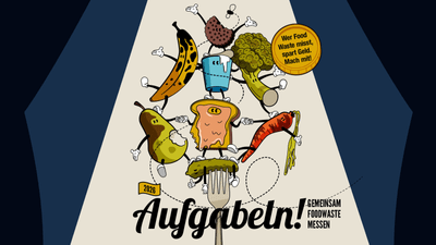 Karikatur von Lebensmitteln auf Gabel; Anti-Foodwaste-Botschaft.