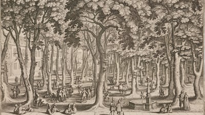 Historische Zeichnung von St. Petersplatz in Basel mit Bäumen und Menschen im Park.