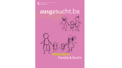 Rosa Plakat mit Zeichnung einer Familie und Text 'ausgesucht.bs Mittendrin! Familie & Sucht'.