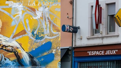 Wandmalerei neben Fassade eines Gebäudes mit einem Ladenschild.