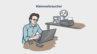 Illustration eines Mannes, der am Laptop arbeitet, mit Schreibwaren.