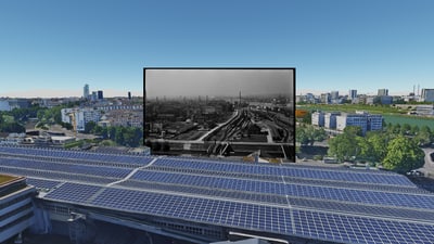 Moderne Stadtlandschaft mit altem Schwarz-Weiss-Foto eingebettet.