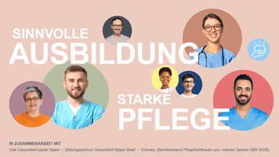 Collage von medizinischem Personal und Text über Ausbildung in der Pflege.