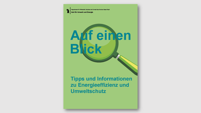 Grünes Poster mit Lupe und blauem Text.