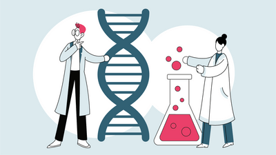 Illustration von Wissenschaftlern mit DNA und Reagenzglas.